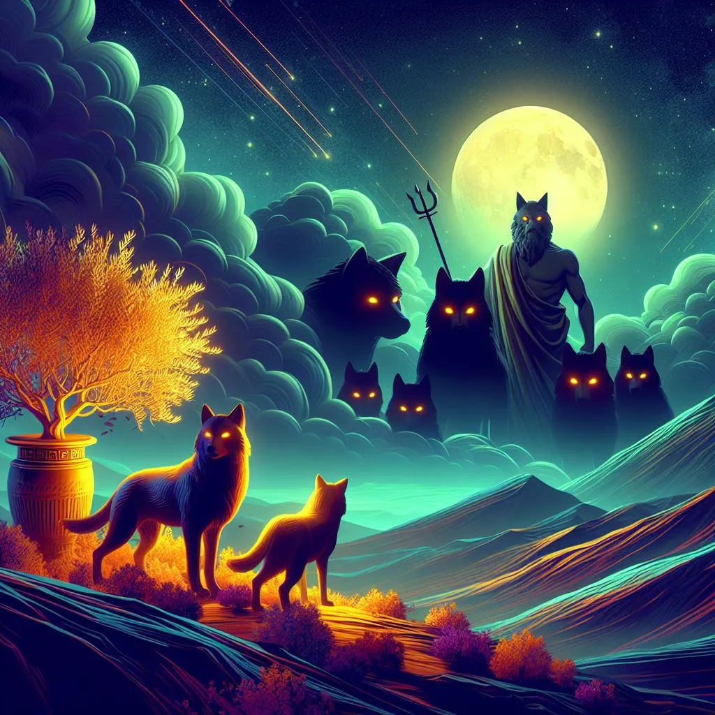 a painting of three wolf anda man With a wolf head standing in front of a full moon