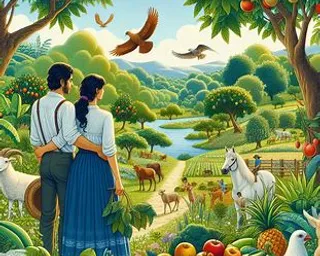 a painting of a man and woman looking at animals