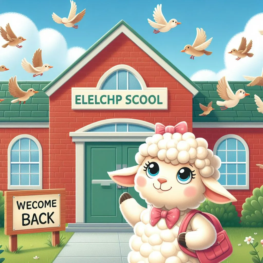 a cartoon sheep standing in front of a welcome back sign