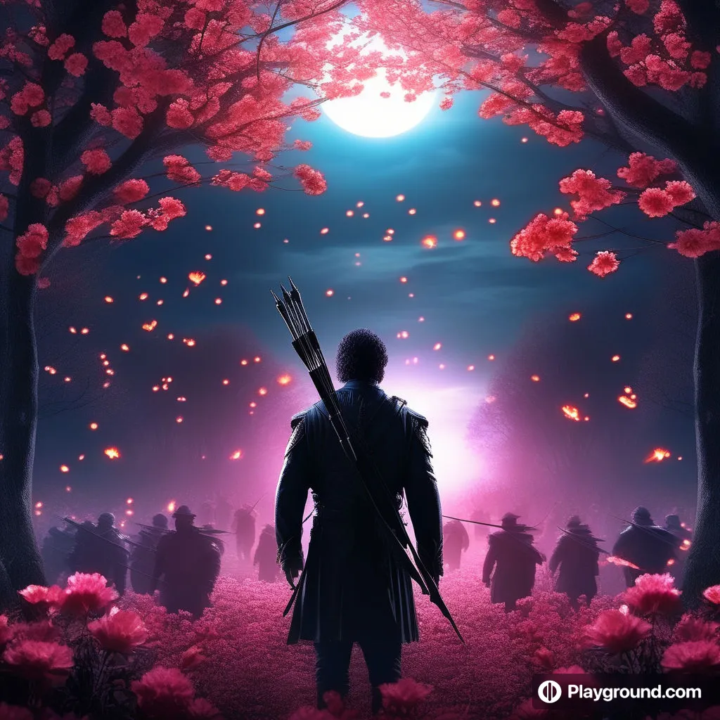 a man holding a bow in front of a full moon