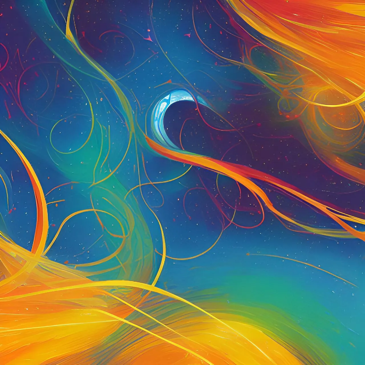 a painting of a blue, yellow and orange swirl