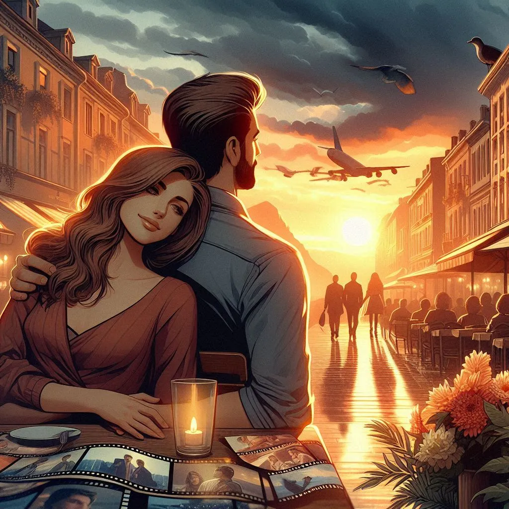 Sequenza di flashback che mostrano momenti romantici dei due protagonisti insieme, come passeggiate al tramonto, cene intime e abbracci affettuosi.