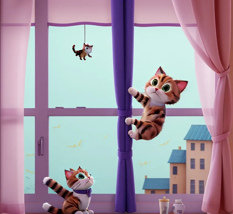 a cat is hanging upside down from a window curtain