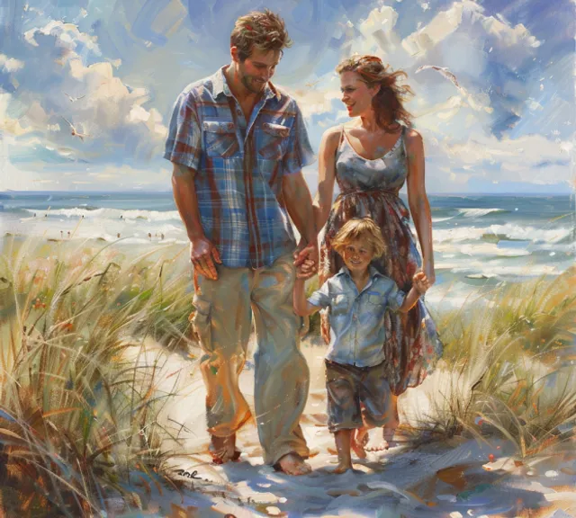 a painting of a man and woman walking with a child on a beach