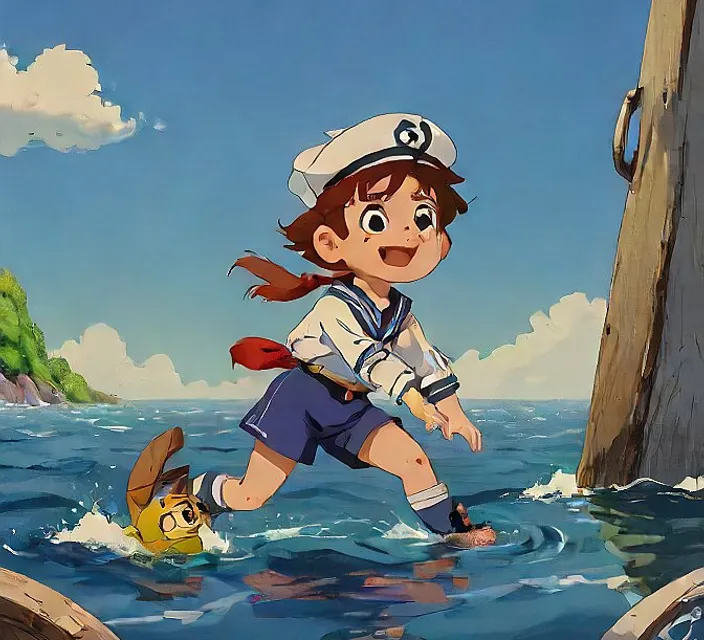 a young girl in a sailor's outfit is running through the water