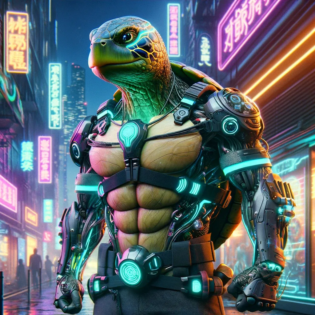 a man in a futuristic suit standing in front of a neon city