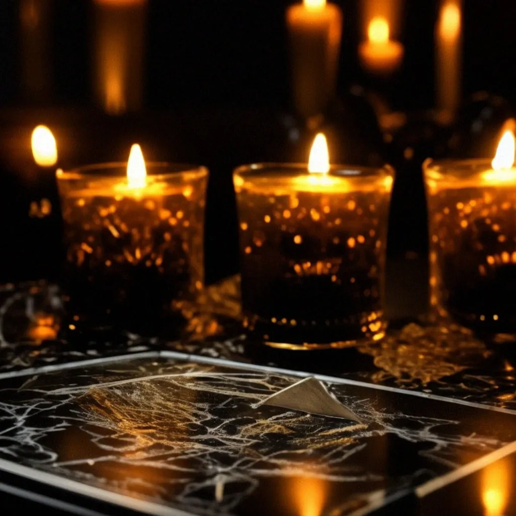 a group of lit candles sitting on top of a table