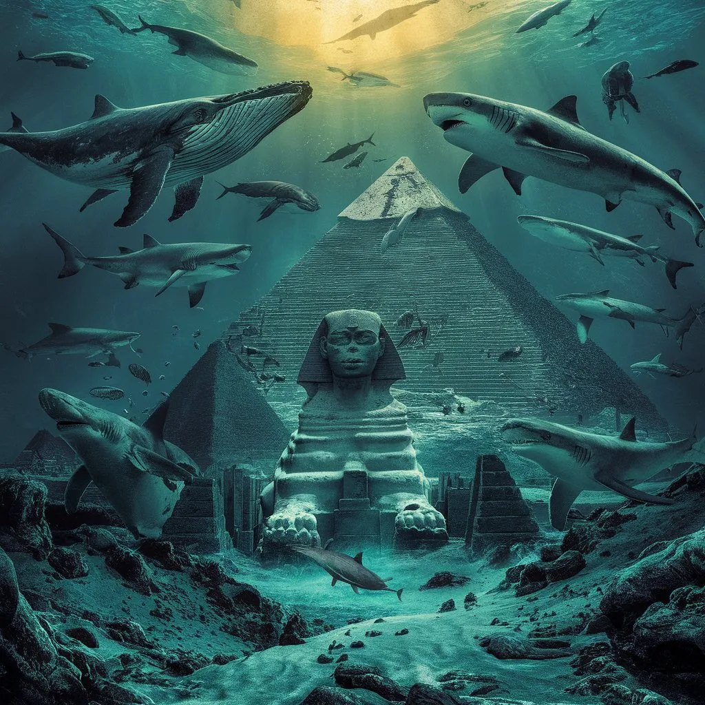 A pyramid rising majestically from the crystal-clear waters of a seemingly infinite lagoon which is surrounded by sharks