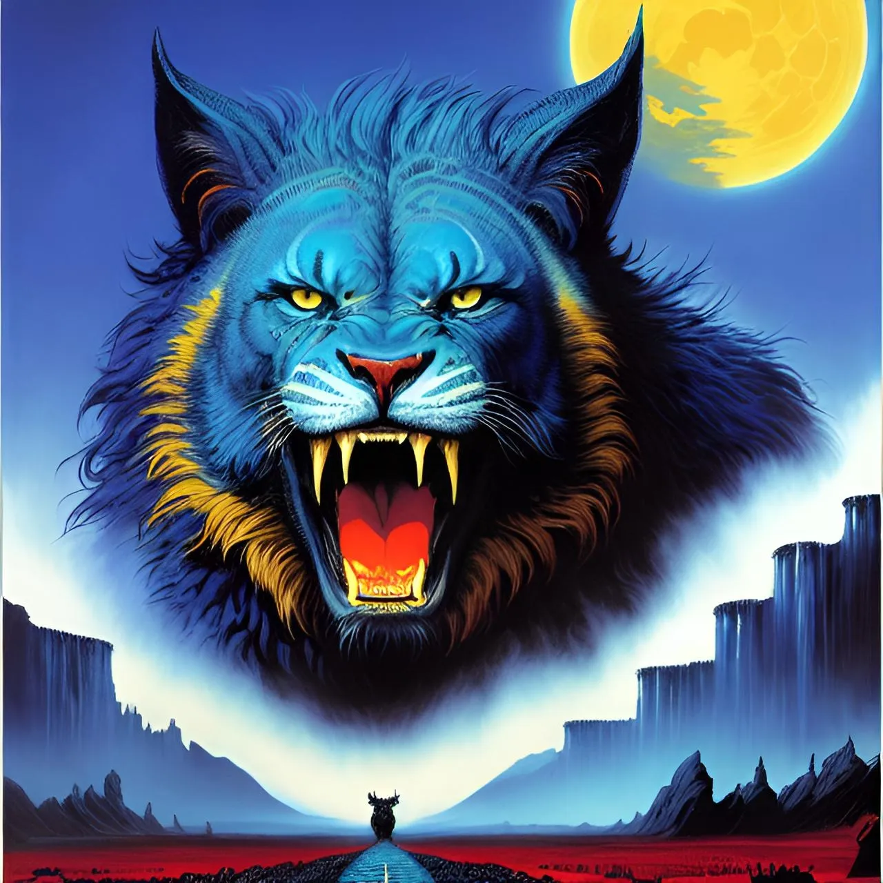 cartoon, moon, fang, carnivore, art, felidae, roar, poster, whiskers, electric blue