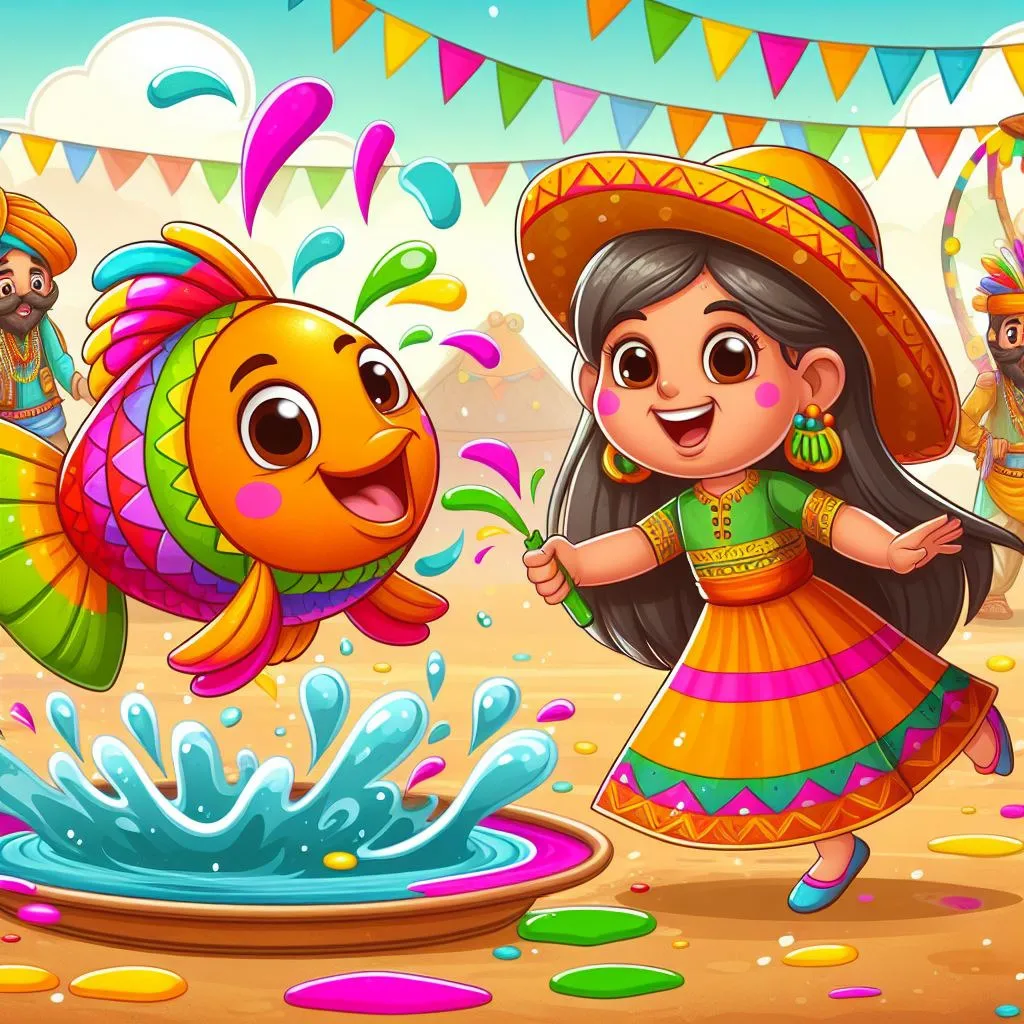 a girl in a mexican dress is playing with a fish