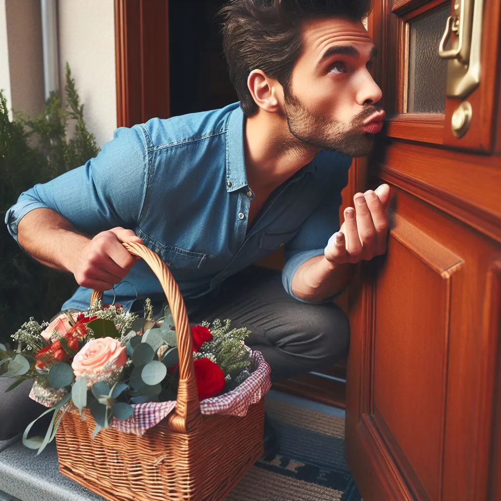 immagine dell'uomo che lascia baci fuori dalla  porta di casa della donna   amata.