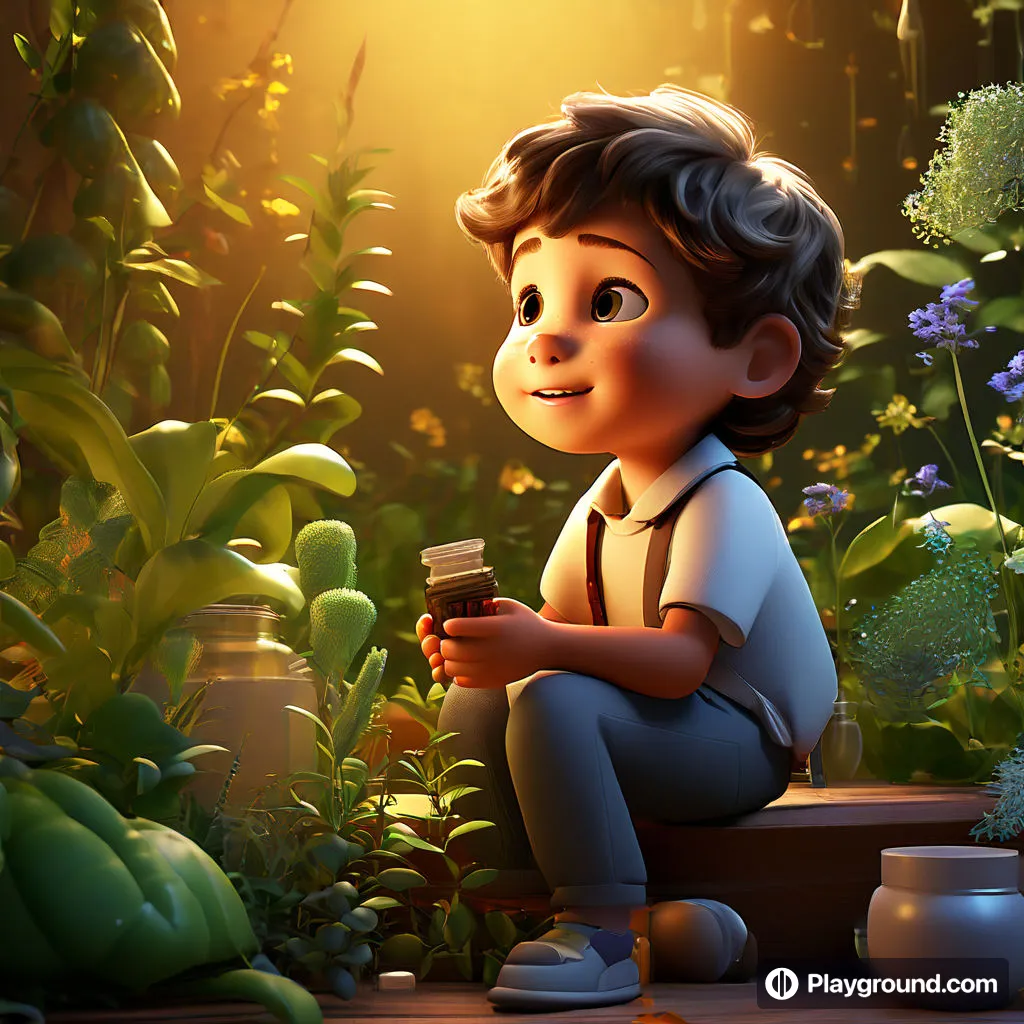 a boy sitting on a bench in a garden