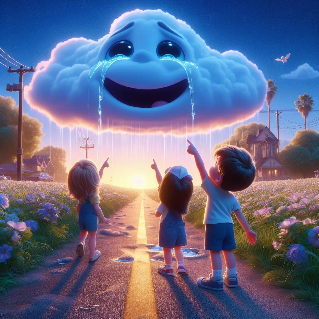 a group of children standing in front of a cloud