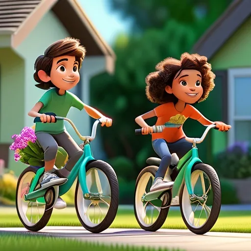 a boy and a girl riding bikes in a park, cartoon style, Pixar style, Disney style, cinema 4D, 8K 