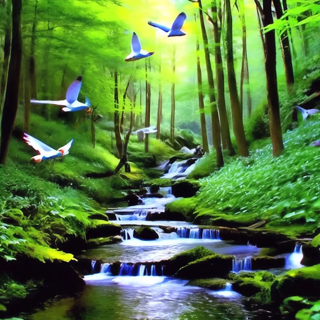 a painting of birds flying over a stream in a forest