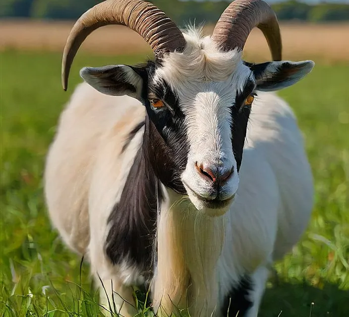 a goat with long horns standing in a field