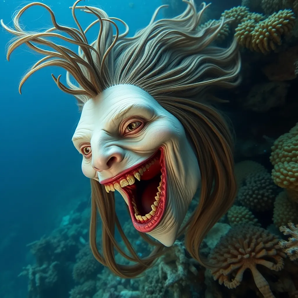 a creepy mask with long hair is floating over a coral reef