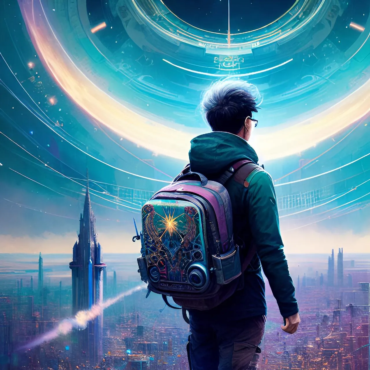 a man with a backpack looking at a futuristic city