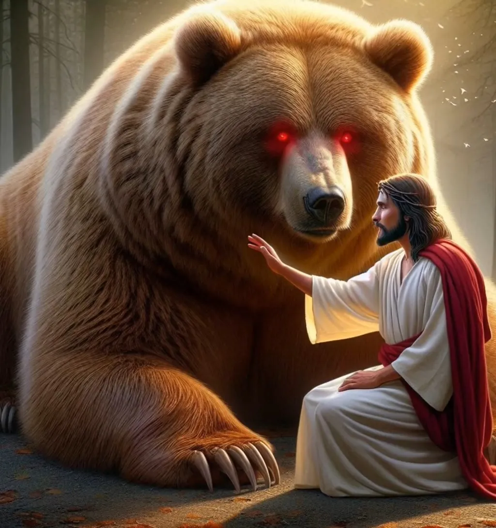 a god standing in front of a giant demonic bear