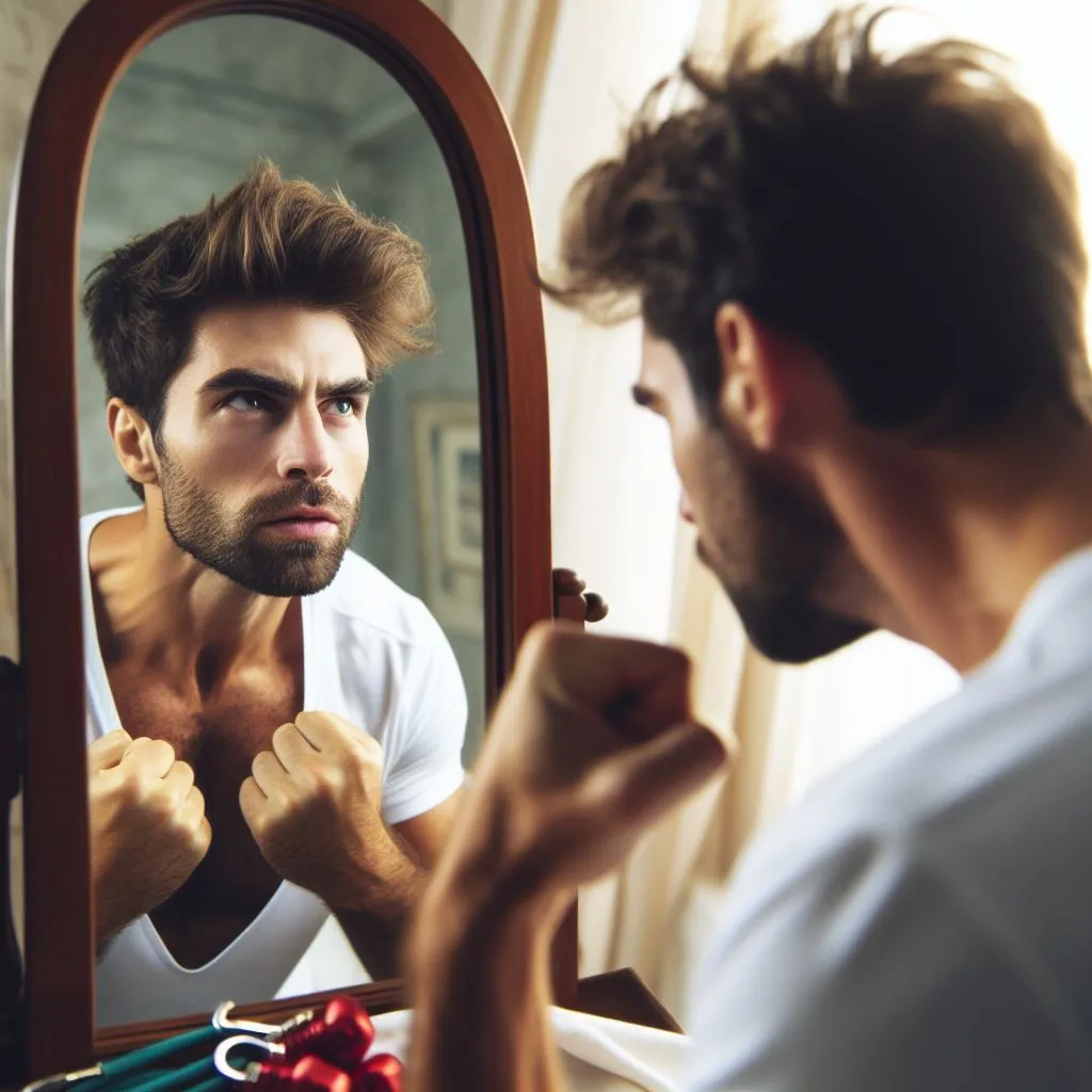 a man looking at himself in the mirror