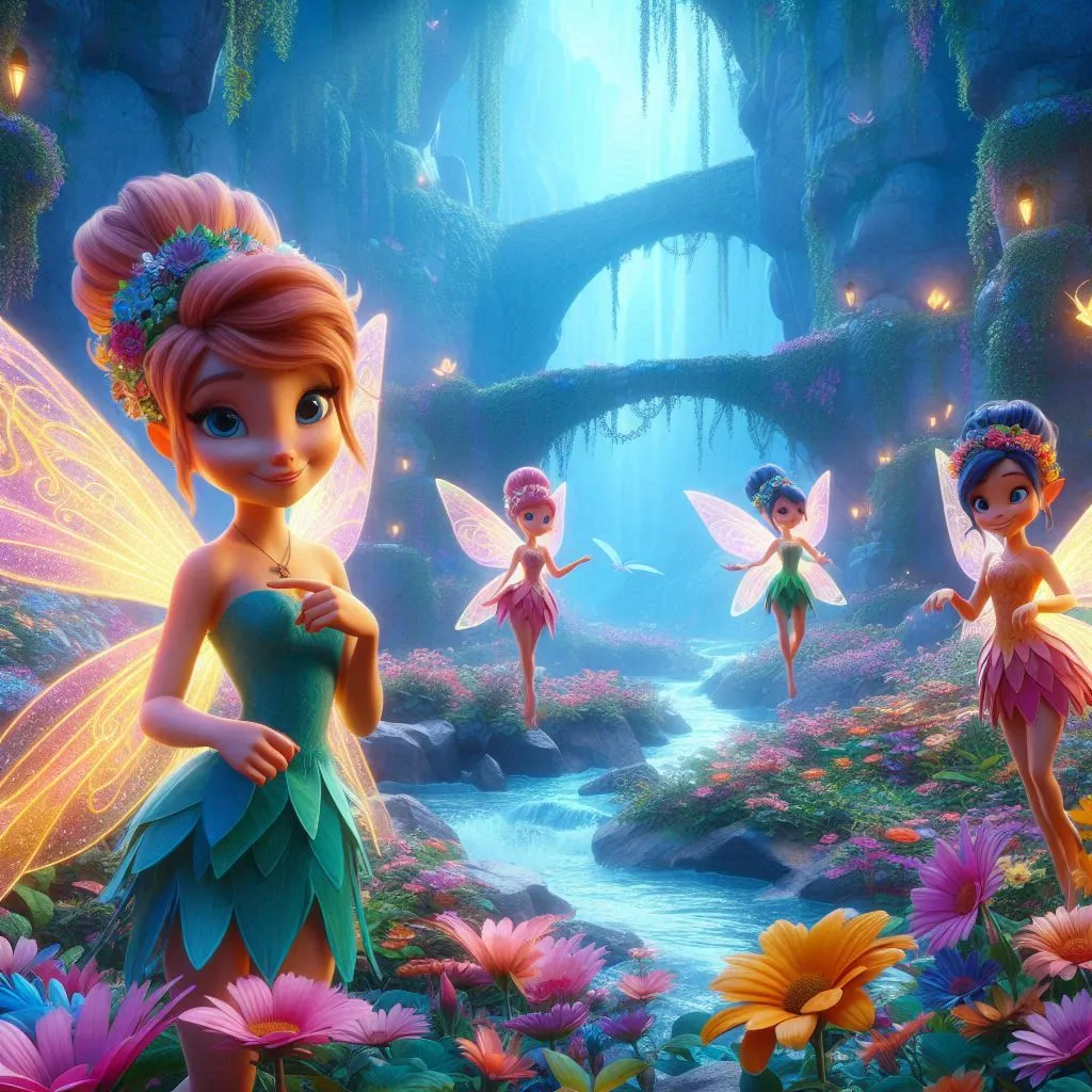 a group of fairies happily standing, their wings are flapping slowly