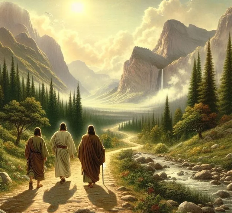 a painting of two men walking down a path