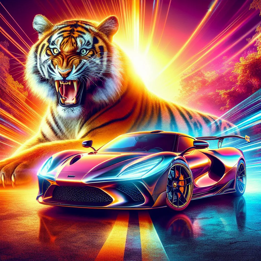 A retro sports car and a tiger together, both alive and surrounded by an explosion of vibrant colors and light