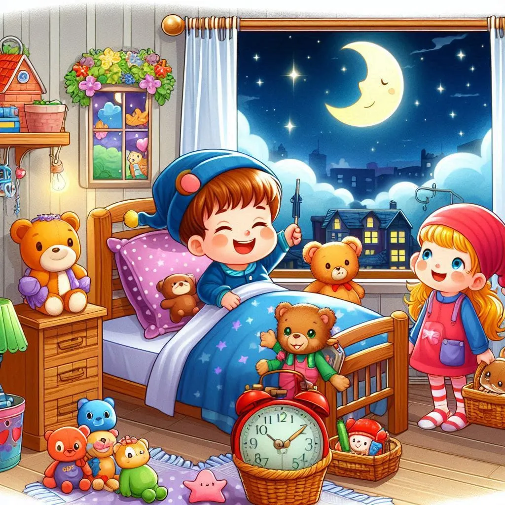 a child's bedroom with teddy bears and a full moon