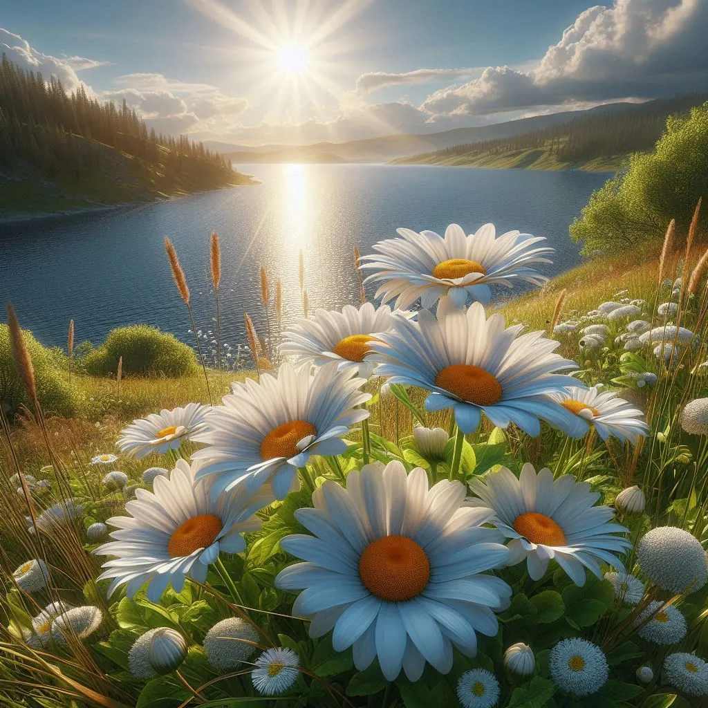 a painting of daisies in a field by a lake