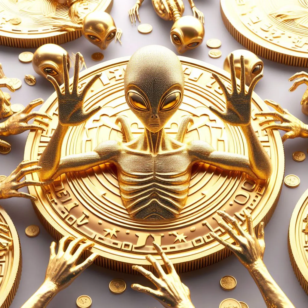 a gold plate with an alien on it surrounded by gold coins