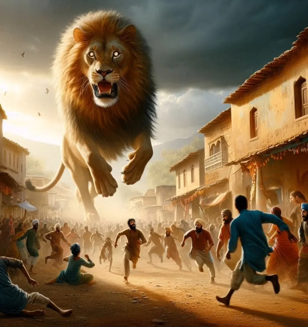 a group of people running away from giant lion