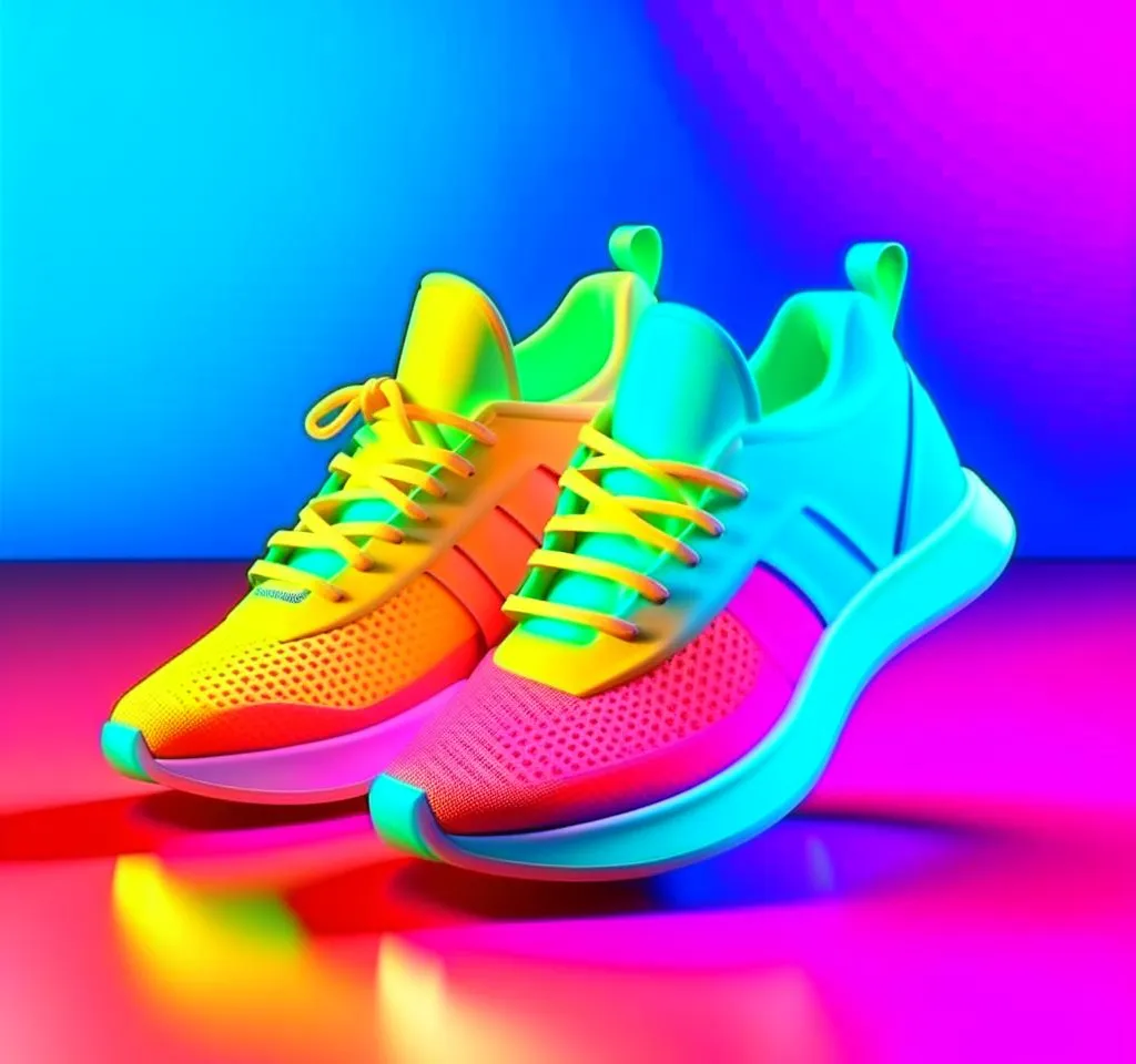 a pair of colorful sneakers on a colorful background