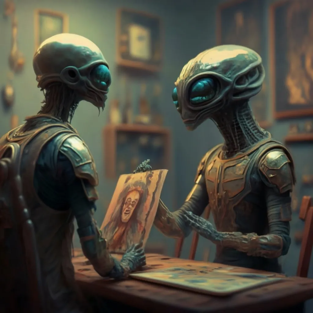 a couple of aliens sitting at a table