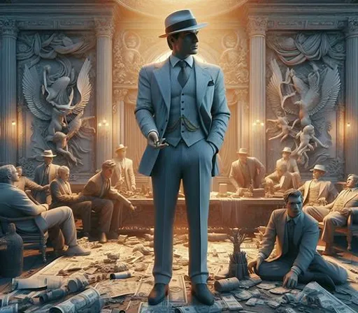 a man in a suit and hat standing in front of a pile of money