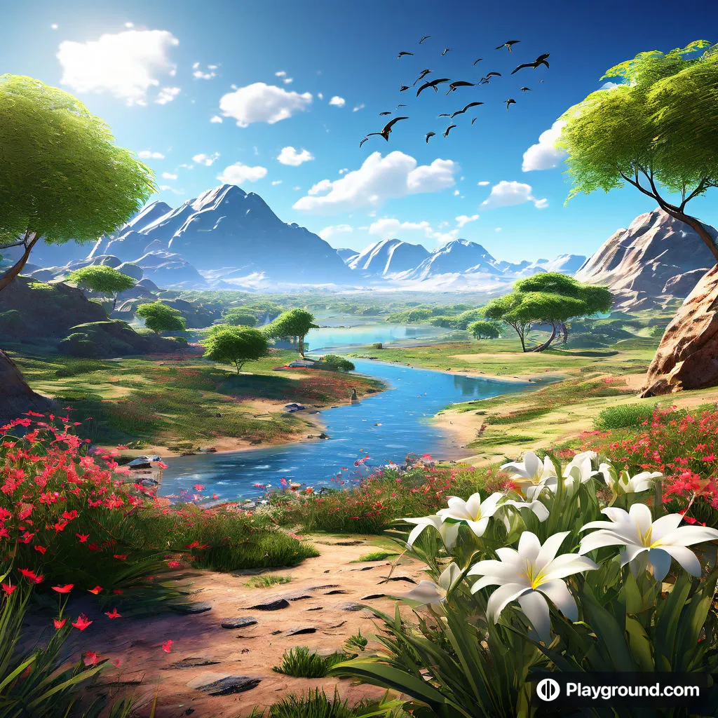 a painting of a beautiful landscape with flowers and mountains