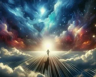 a person standing in the middle of a sky filled with clouds