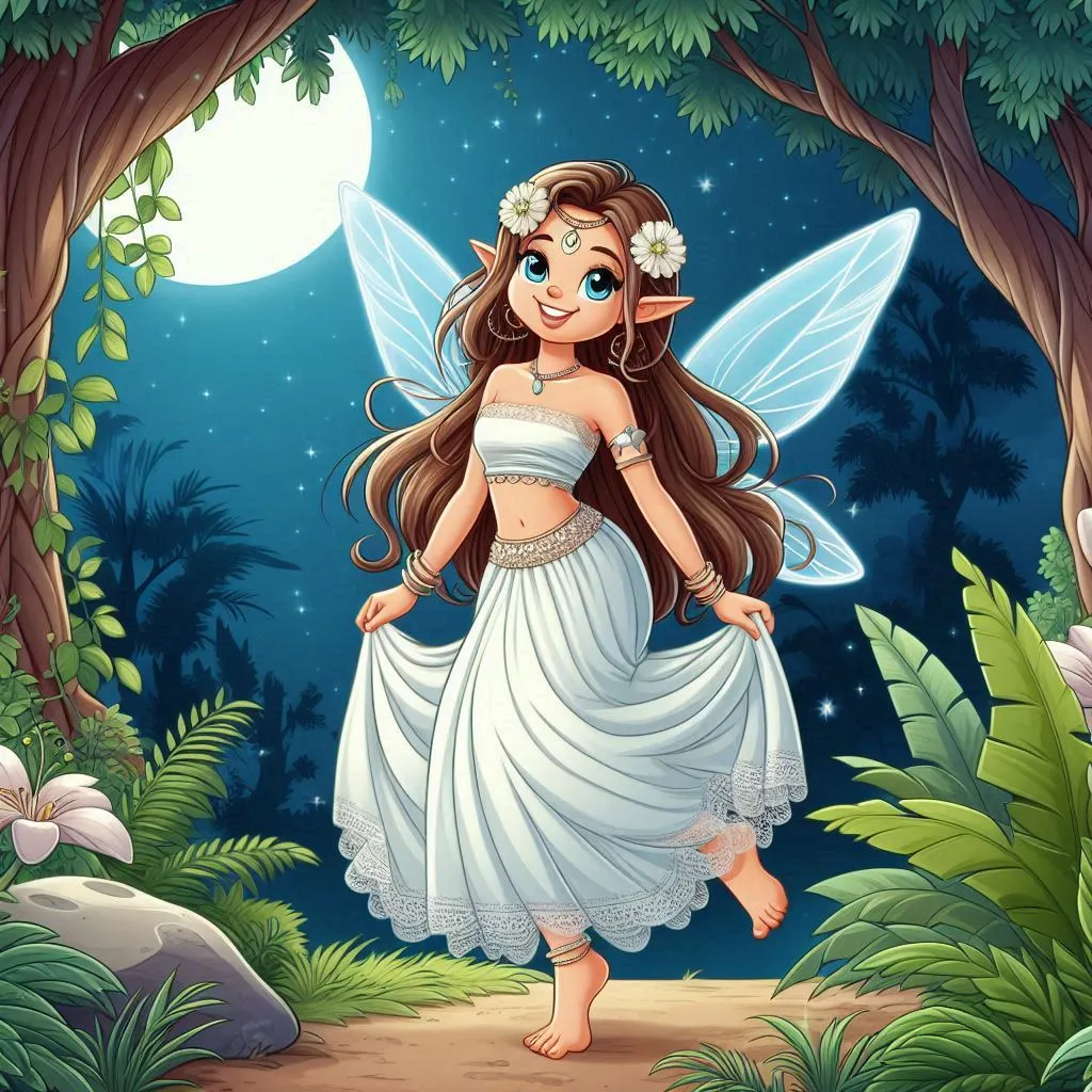 a beautiful fairy  with wings  with long hair,  wearing white lehenga  happily standing  bare foot at beautiful  jungle  at mid nightD animation cartoon zoomin 