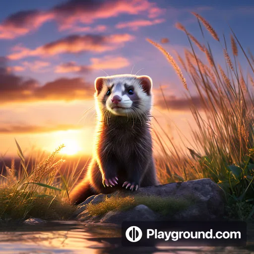 a ferret sitting on top of a rock next to a body of water