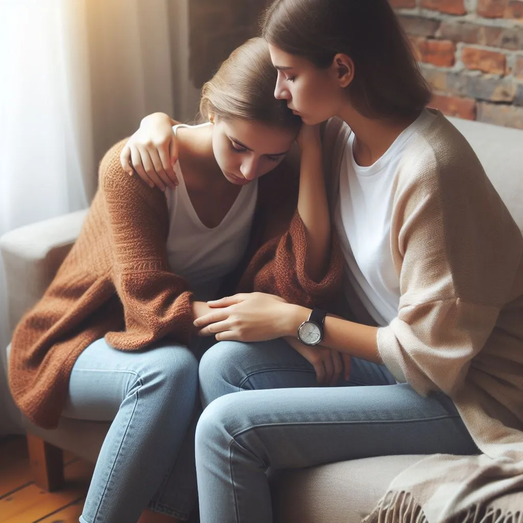 A touching moment in which one of the two girl friends comforts the other during a difficult moment, demonstrating the strength of the bond between them.