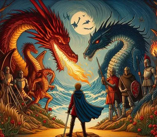 a painting of a knight standing in front of a dragon