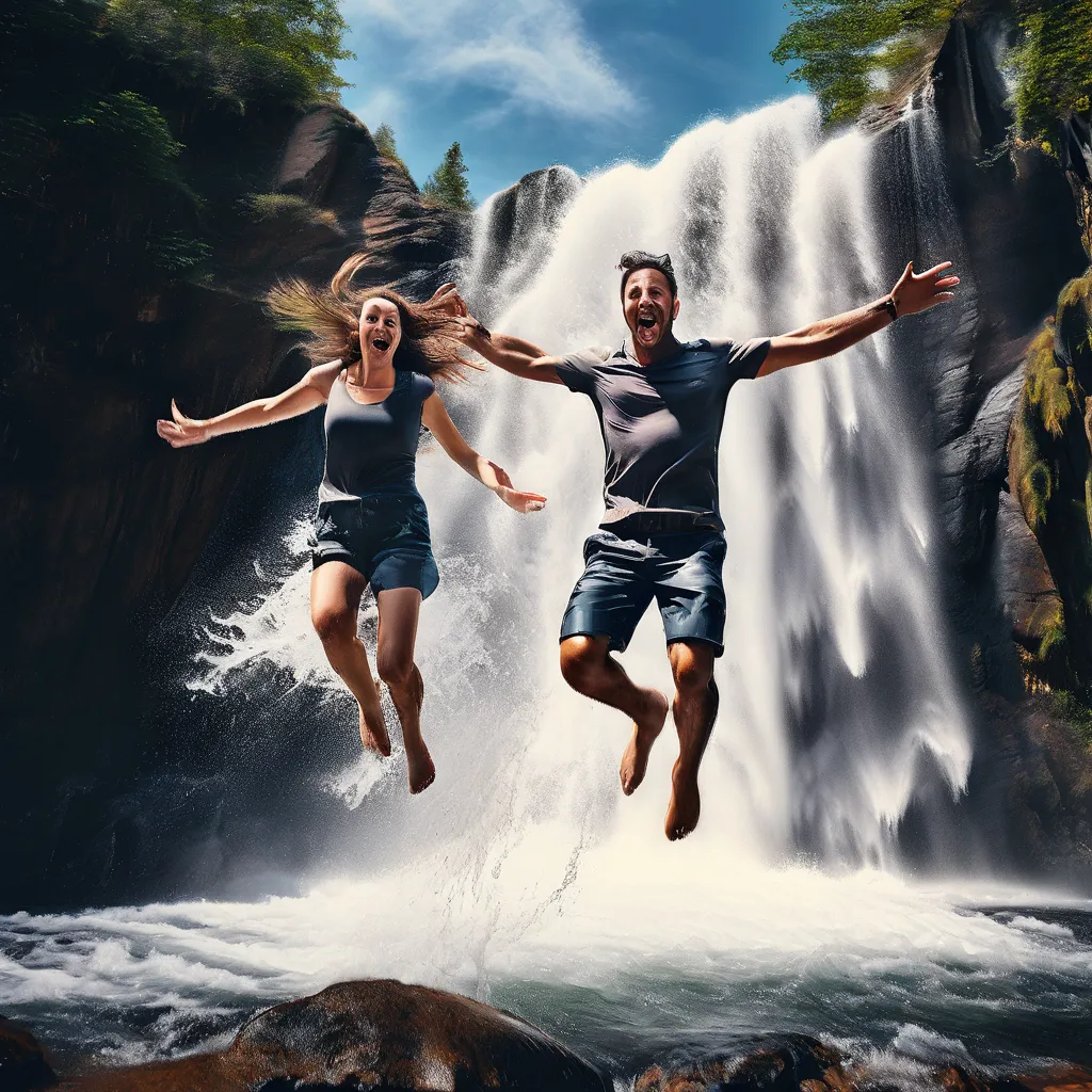 a man and a woman jumping in front of a waterfall