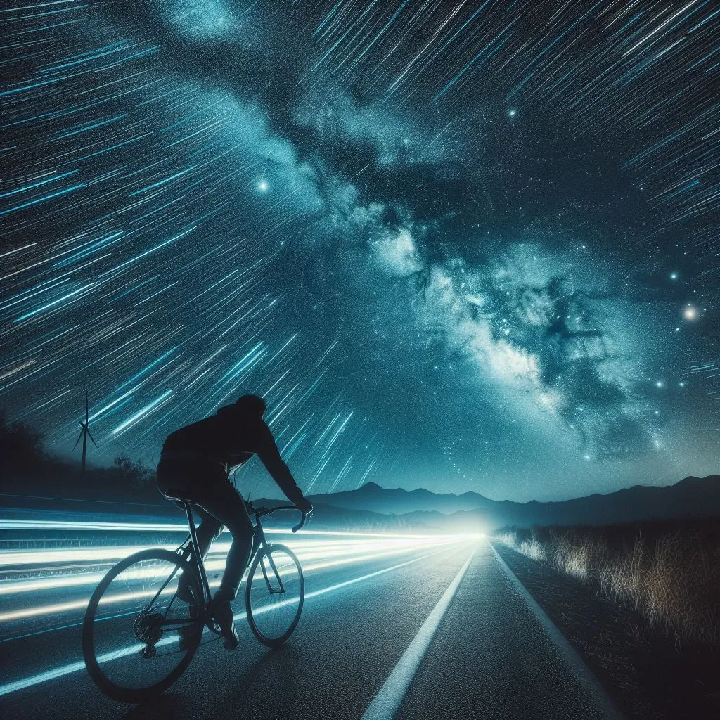 a man riding a bike down a road under a night sky filled with stars