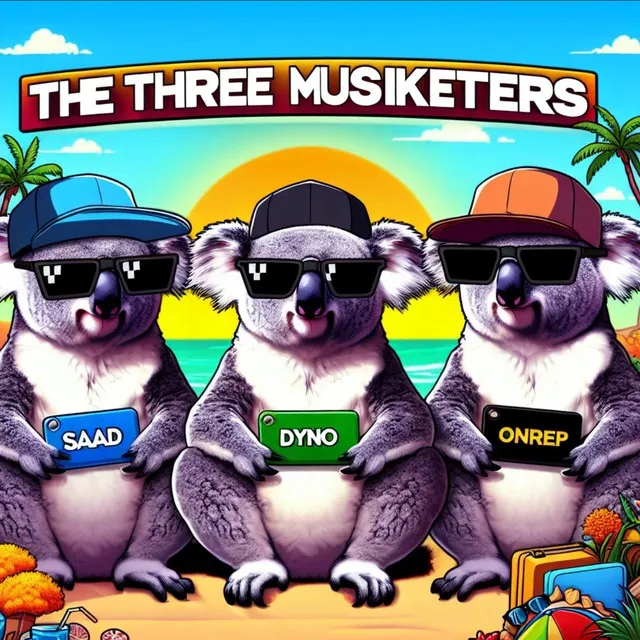 three koalas wearing sunglasses and hats on a beach, nice cool breeze and sea waves 