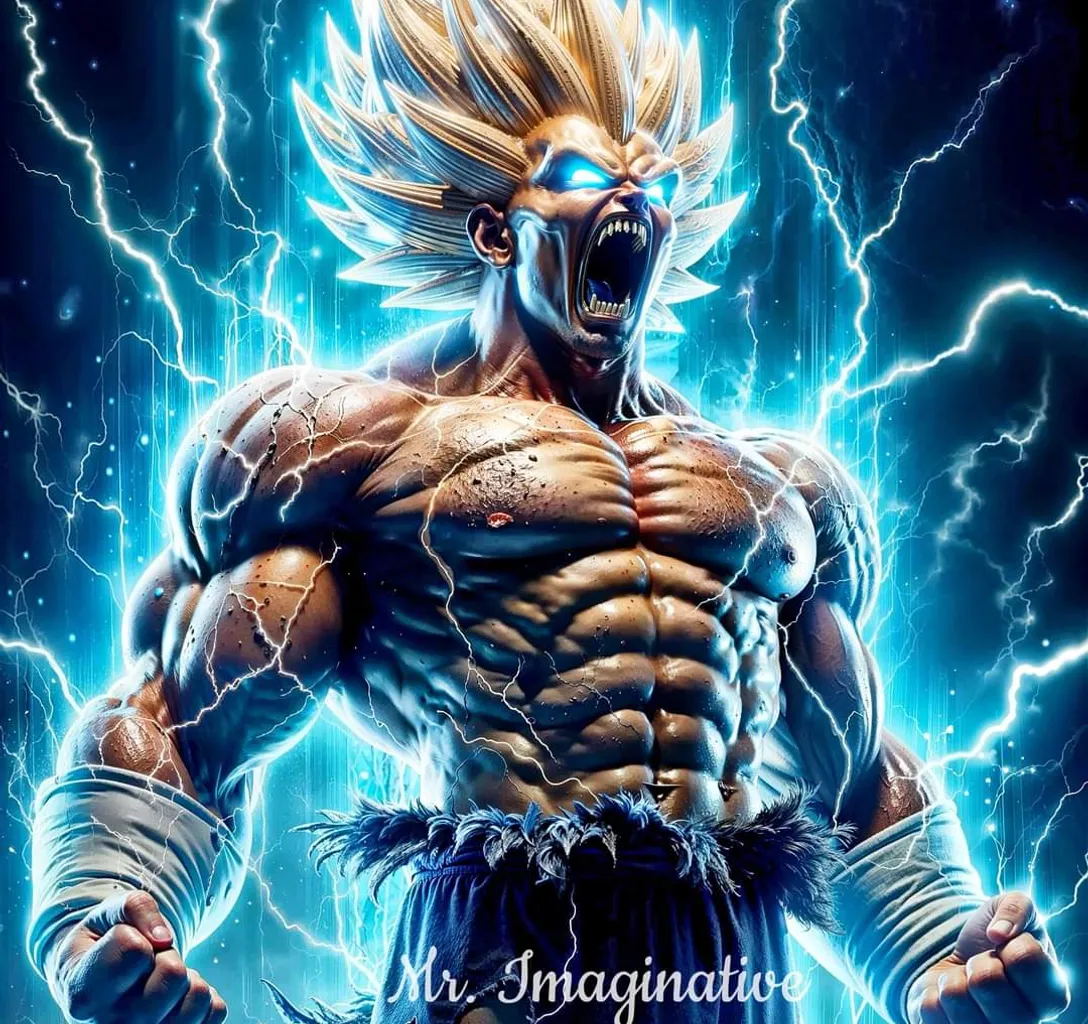 a picture of a man with a lightning background