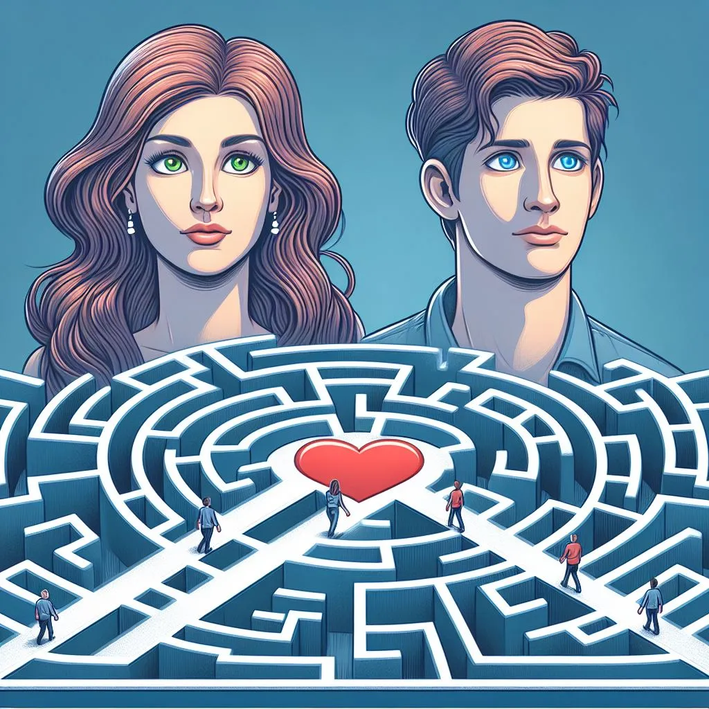 a man and a woman standing in front of a maze