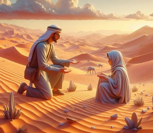 a painting of a man and woman kneeling in the desert