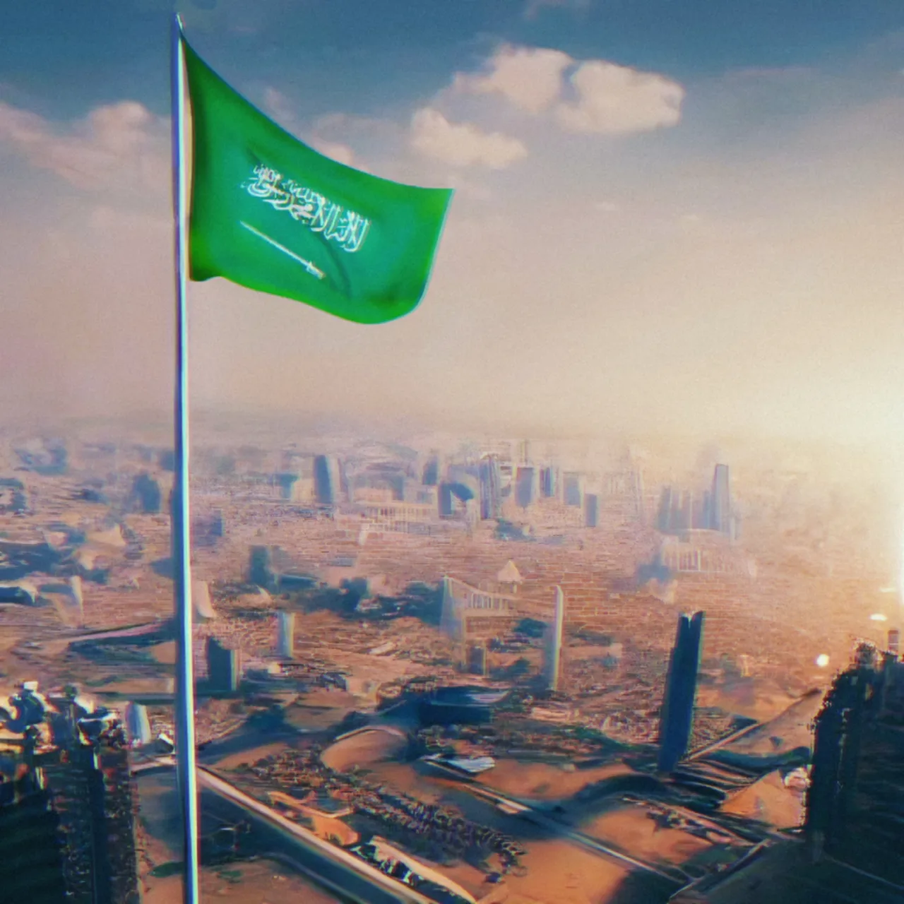 a saudi green flag flying in the air over a city