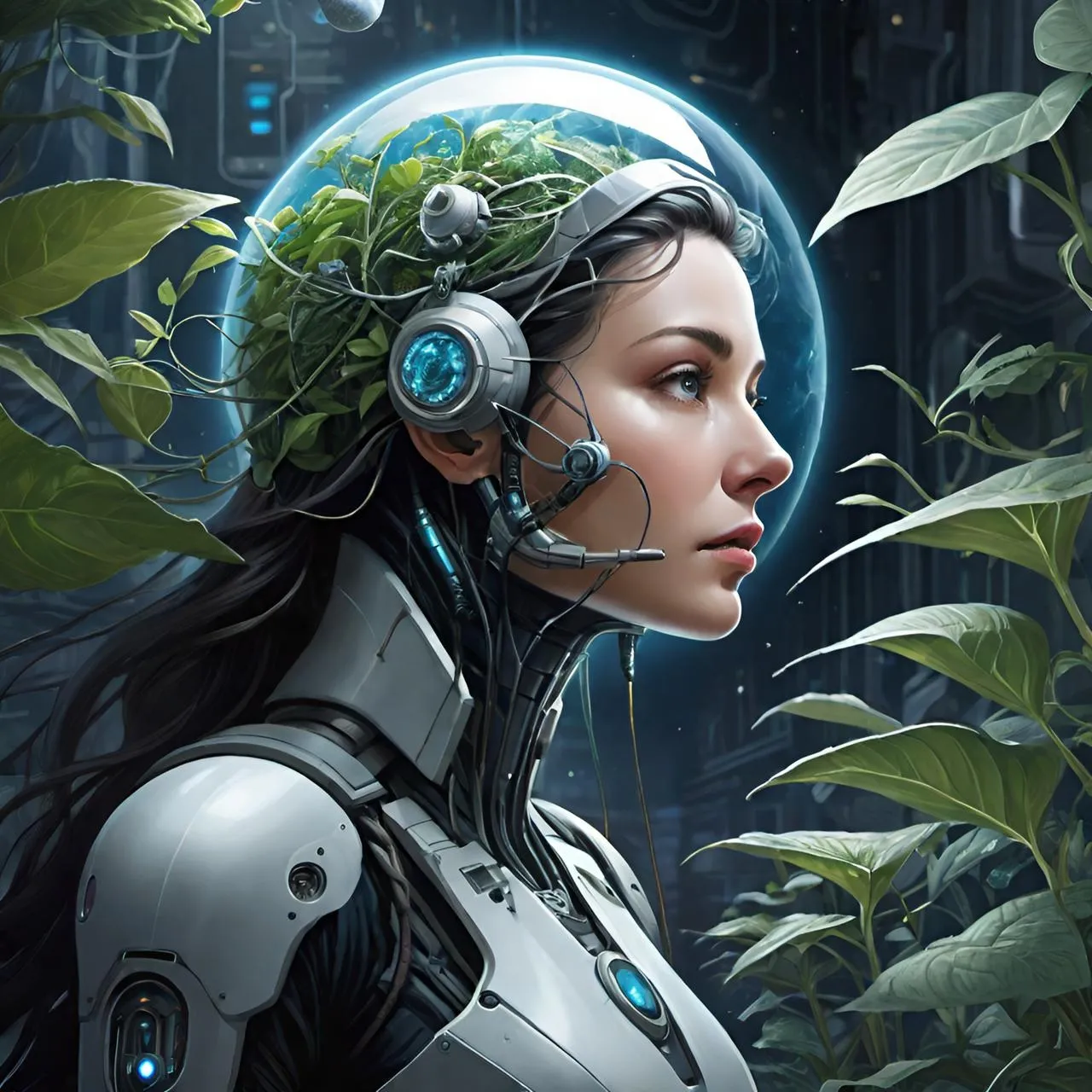 a woman with headphones and a plant in her hair