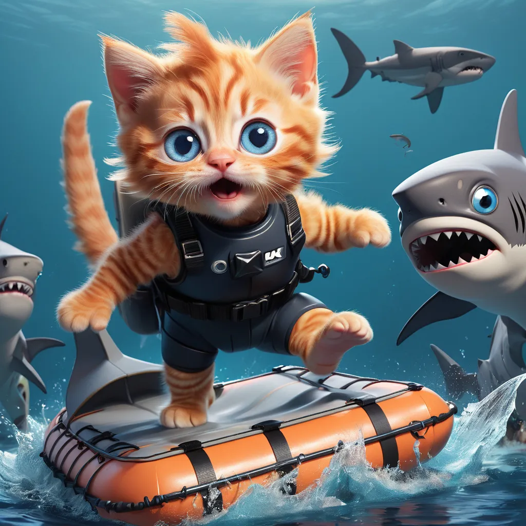 a cat riding on top of a raft surrounded by sharks