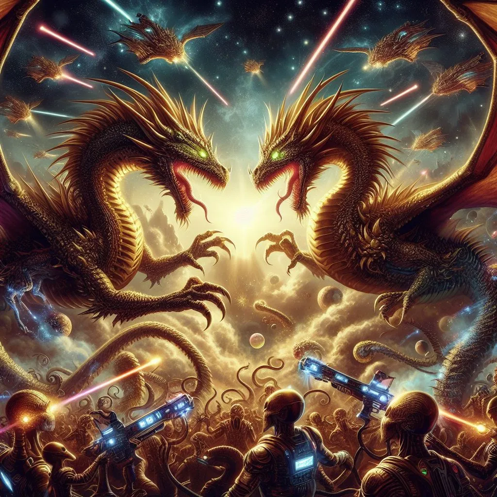 a painting of two dragon fighting over a crowd of people